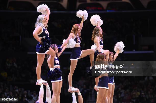 The Gonzaga Bulldogs cheerleaders during the NCAA Division I Men's Championship Sweet Sixteen round basketball game between the Florida State...