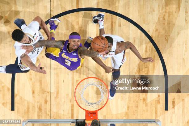 Isaiah Thomas of the Los Angeles Lakers dunks against the New Orleans Pelicans on March 22, 2018 at Smoothie King Center in New Orleans, Louisiana....