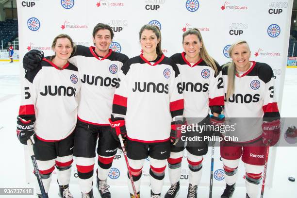 Olympic athlete Jill Saulnier, Mark McMorris, Rebecca Johnston, Natalie Spooner and Kaillie Humphries attend the Juno Cup Practice at Bill Copeland...