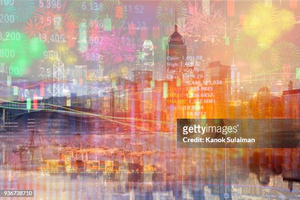 double exposure of stocks market chart and hong kong city of business,concept - capitalism stock pictures, royalty-free photos & images
