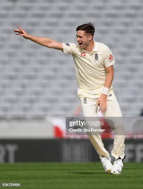 England bowler Chris Woakes appeals during day two of the First Test Match between the New Zealand Black Caps and England at Eden Park on March 23,...