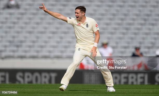 England bowler Chris Woakes appeals during day two of the First Test Match between the New Zealand Black Caps and England at Eden Park on March 23,...