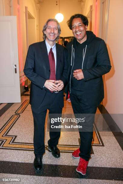 Author and human rights activist John Prendergast and German presenter Cherno Jobatey during the Reemtsma Liberty Award 2018 on March 22, 2018 in...