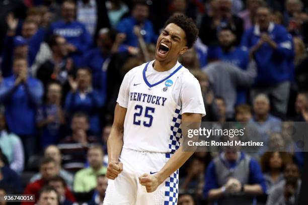 Washington of the Kentucky Wildcats reacts after a play in the second half against the Kansas State Wildcats during the 2018 NCAA Men's Basketball...