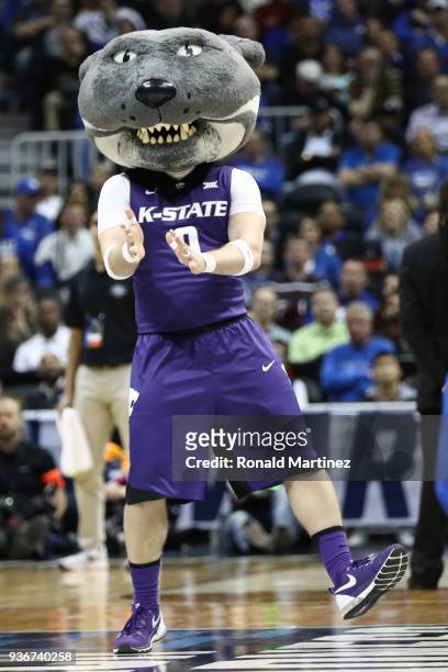 The Kansas State Wildcats mascot performs during the 2018 NCAA Men's Basketball Tournament South Regional between the Kentucky Wildcats and the...