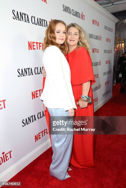 Liv Hewson and Drew Barrymore attend the "Santa Clarita Diet" season 2 world premiere on March 22, 2018 in Hollywood, California.