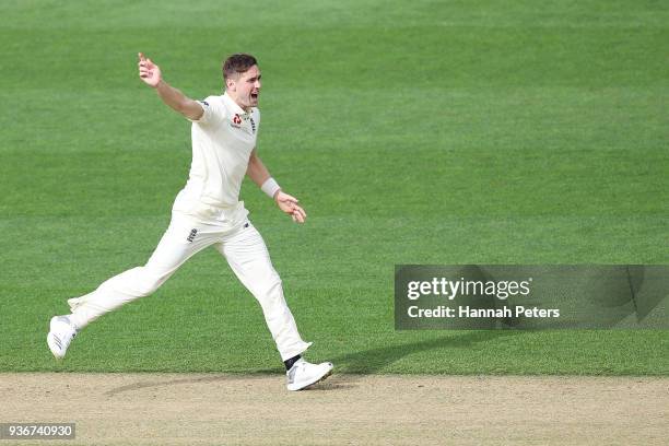 Chris Woakes of England appeals unsucessfully during day two of the First Test match between New Zealand and England at Eden Park on March 23, 2018...