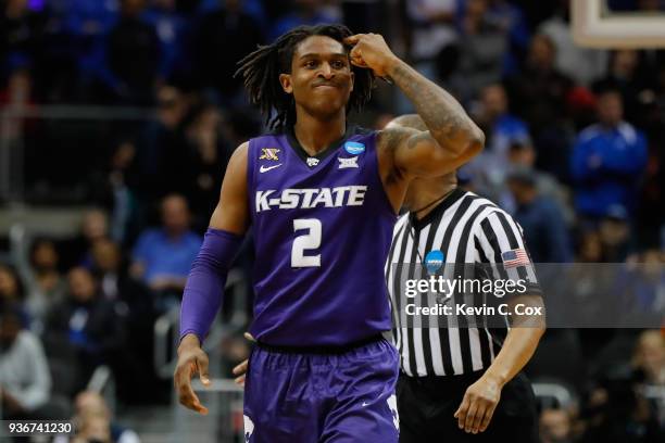 Cartier Diarra of the Kansas State Wildcats reacts late in the second half against the Kentucky Wildcats during the 2018 NCAA Men's Basketball...