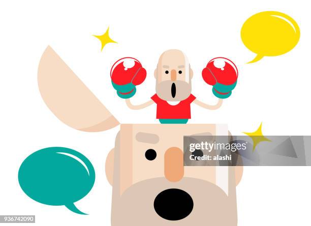 small senior man with boxing glove standing in an opened head - inner courage stock illustrations