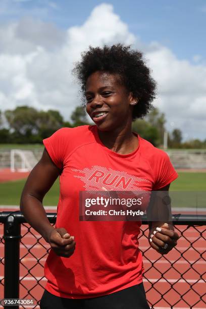 Megan Simmonds of Jamaica speaks to media after a training session ahead of the 2018 Commonwealth Games at Runaway Bay Sports Centre on March 23,...