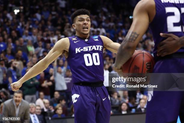 Mike McGuirl of the Kansas State Wildcats reacts late in the second half against the Kentucky Wildcats during the 2018 NCAA Men's Basketball...