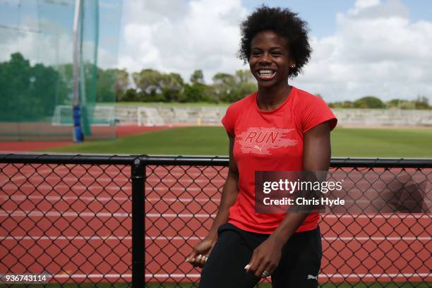 Megan Simmonds of Jamaica speaks to media after a training session ahead of the 2018 Commonwealth Games at Runaway Bay Sports Centre on March 23,...