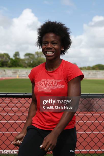 Megan Simmonds of Jamaica speaks to media after a training session ahead of the 2018 Commonwealth Games at Runaway Bay Sports Centre on March 23,...