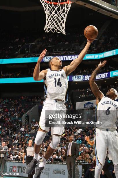 Brice Johnson of the Memphis Grizzlies goes for a lay up against the Charlotte Hornets on March 22, 2018 at Spectrum Center in Charlotte, North...