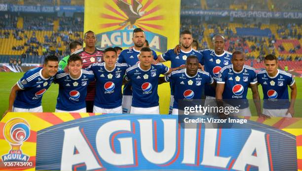 Players of Millonarios pose prior a match between Millonarios and Alianza Petrolera as part of Liga Aguila I 2018 at Nemesio Camacho Stadium on March...