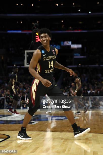 Terance Mann of the Florida State Seminoles reacts against the Gonzaga Bulldogs during the second half in the 2018 NCAA Men's Basketball Tournament...