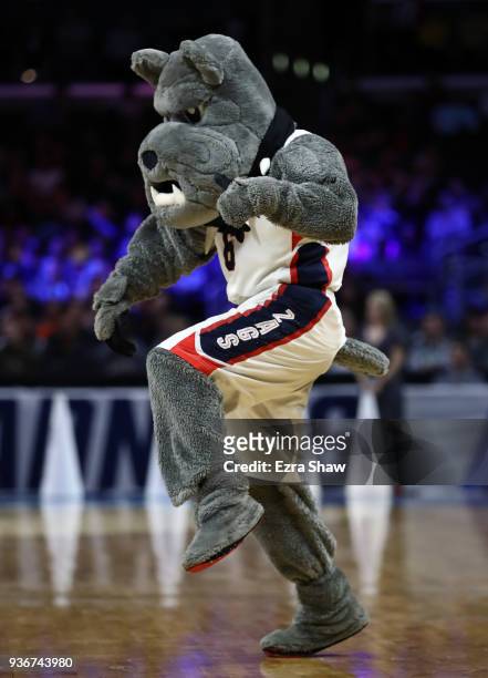 The Gonzaga Bulldogs mascot performs during the second half in the 2018 NCAA Men's Basketball Tournament West Regional at Staples Center on March 22,...