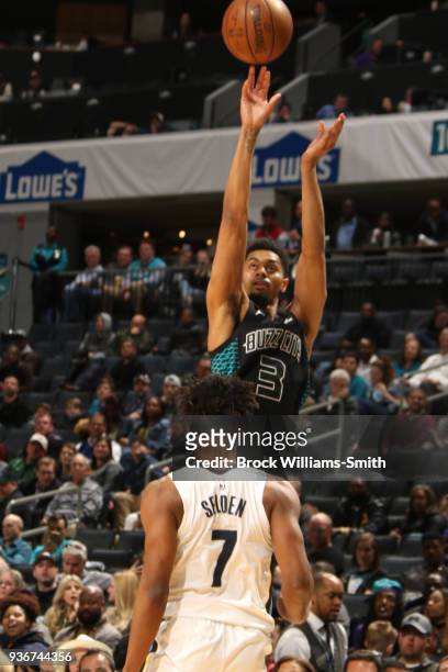 Jeremy Lamb of the Charlotte Hornets shoots the ball against the Memphis Grizzlies on March 22, 2018 at Spectrum Center in Charlotte, North Carolina....