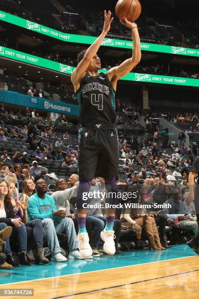 Marcus Paige of the Charlotte Hornets shoots the ball against the Memphis Grizzlies on March 22, 2018 at Spectrum Center in Charlotte, North...