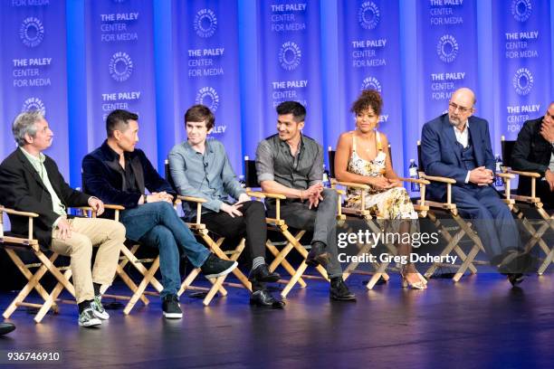 David Shore, Daniel Dae Kim, Freddie Highmore, Nicholas Gonzalez, Antonia Thomas and Richard Schiff attend the panel discussion at the 2018 PaleyFest...