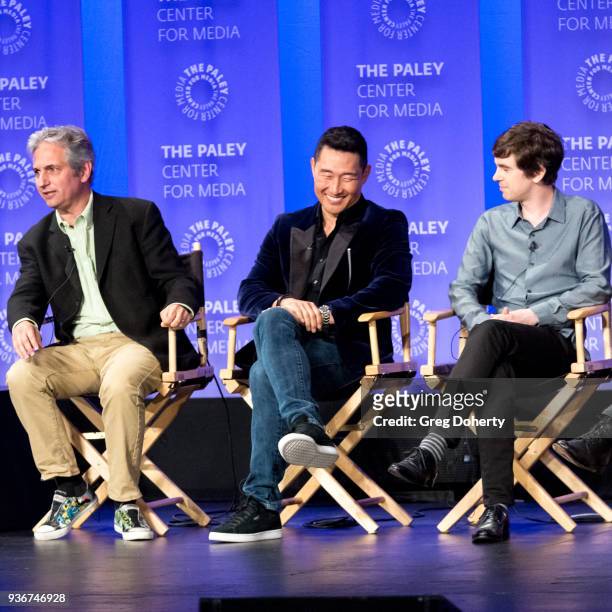 David Shore, Daniel Dae Kim, Freddie Highmore attend the panel discussion at the 2018 PaleyFest Los Angeles - ABC's "The Good Doctor" Dolby Theatre...