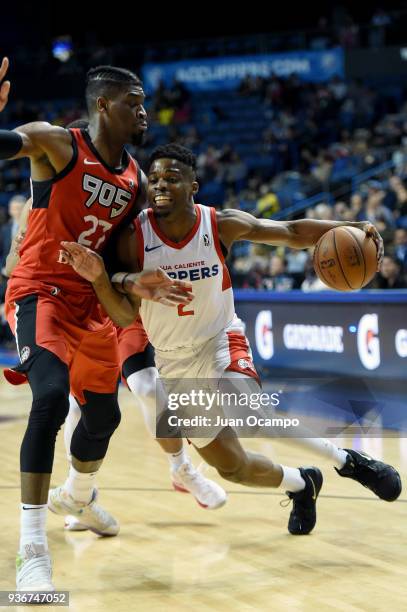 Ike Iroegbu of the Agua Caliente Clippers handles the ball against the Raptors 905 on March 22, 2018 at the Citizens Business Bank Arena in Ontario,...