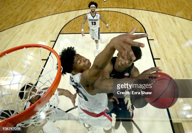 Terance Mann of the Florida State Seminoles goes up for a shot against Rui Hachimura of the Gonzaga Bulldogs in the 2018 NCAA Men's Basketball...
