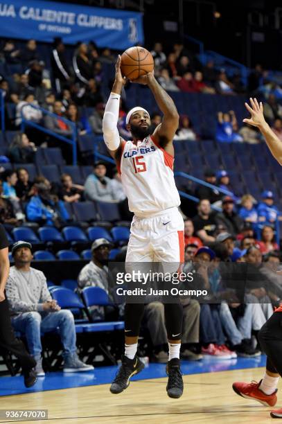 LaDontae Henton of the Agua Caliente Clippers shoots the ball against the Raptors 905 on March 22, 2018 at the Citizens Business Bank Arena in...