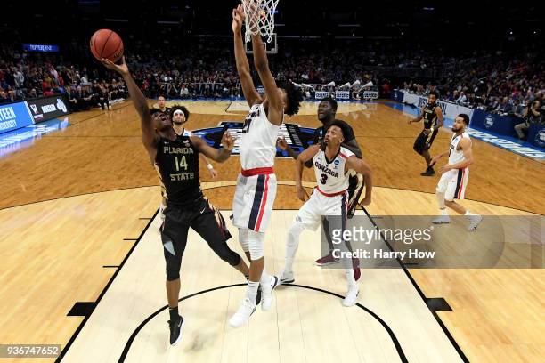 Terance Mann of the Florida State Seminoles goes up for a shot against Rui Hachimura of the Gonzaga Bulldogs in the second half in the 2018 NCAA...