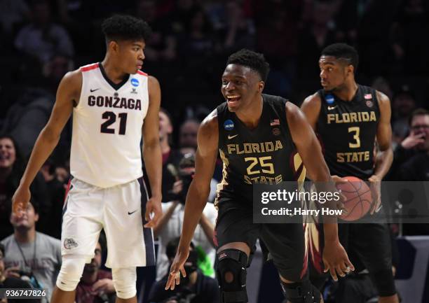 Mfiondu Kabengele of the Florida State Seminoles celebrates late in the game against the Gonzaga Bulldogs during the second half in the 2018 NCAA...