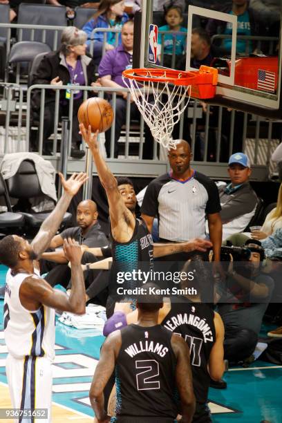 Jeremy Lamb of the Charlotte Hornets handles the ball against the Memphis Grizzlies on March 22, 2018 at Spectrum Center in Charlotte, North...