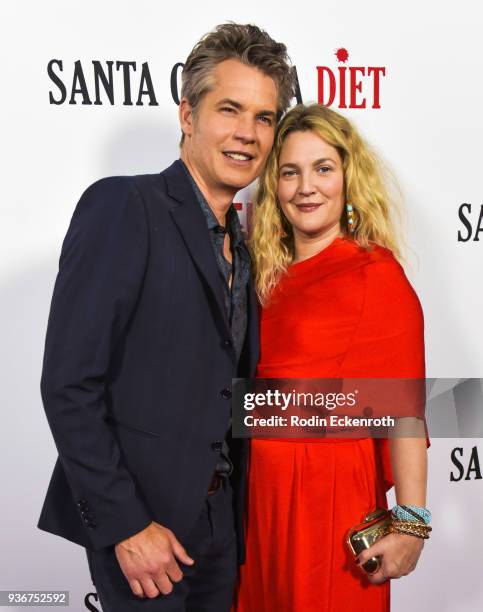 Drew Barrymore and Timothy Olyphant attend Netflix's "Santa Clarita Diet" season 2 premiere at The Dome at Arclight Hollywood on March 22, 2018 in...