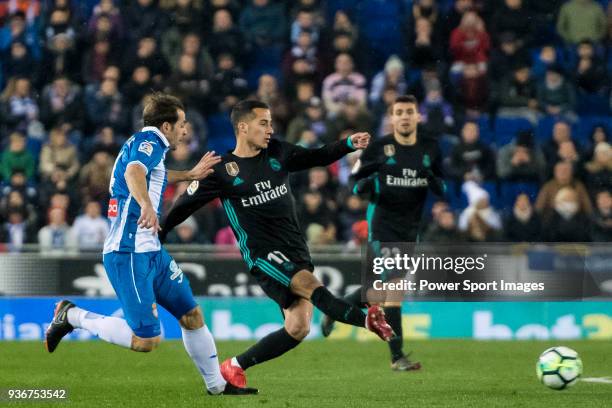 Lucas Vazquez of Real Madrid competes for the ball with Víctor Sanchez Mata, Victor S, of RCD Espanyol during the La Liga 2017-18 match between RCD...