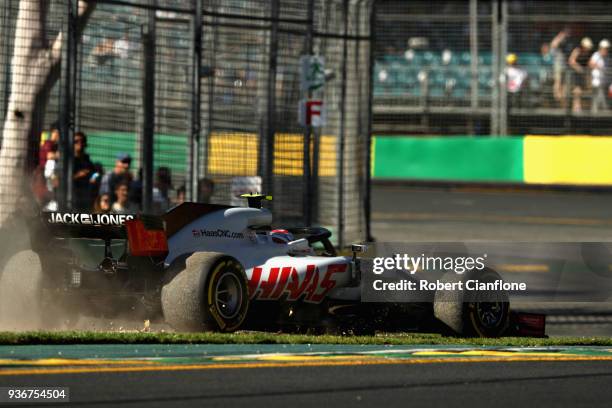 Kevin Magnussen of Denmark driving the Haas F1 Team VF-18 Ferrari runs wide during practice for the Australian Formula One Grand Prix at Albert Park...