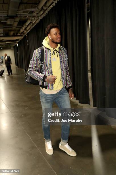 Ben McLemore of the Memphis Grizzlies arrives before the game against the Charlotte Hornets on March 22, 2018 at Spectrum Center in Charlotte, North...