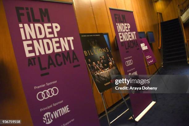 Film Independent signage at the Film Independent at LACMA hosts special screening of "Billions" at Bing Theater At LACMA on March 22, 2018 in Los...