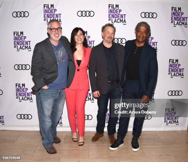 Brian Koppelman, Maggie Siff, David Costabile and Elvis Mitchell attend Film Independent at LACMA hosts special screening of "Billions" at Bing...