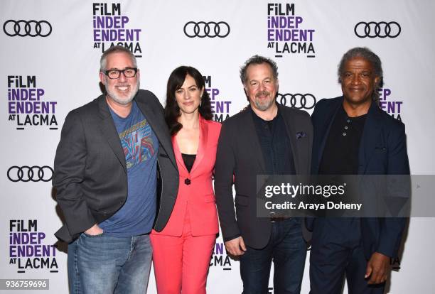 Brian Koppelman, Maggie Siff, David Costabile and Elvis Mitchell attend Film Independent at LACMA hosts special screening of "Billions" at Bing...