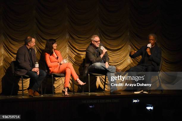 David Costabile, Maggie Siff, Brian Koppelman and Elvis Mitchell attend Film Independent at LACMA hosts special screening of "Billions" at Bing...