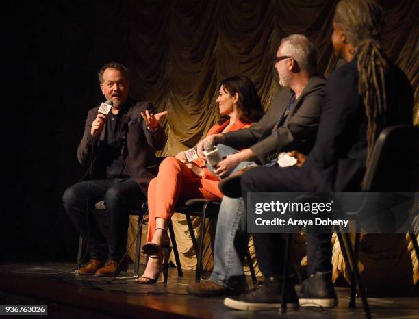 David Costabile, Maggie Siff, Brian Koppelman and Elvis Mitchell attend Film Independent at LACMA hosts special screening of "Billions" at Bing...