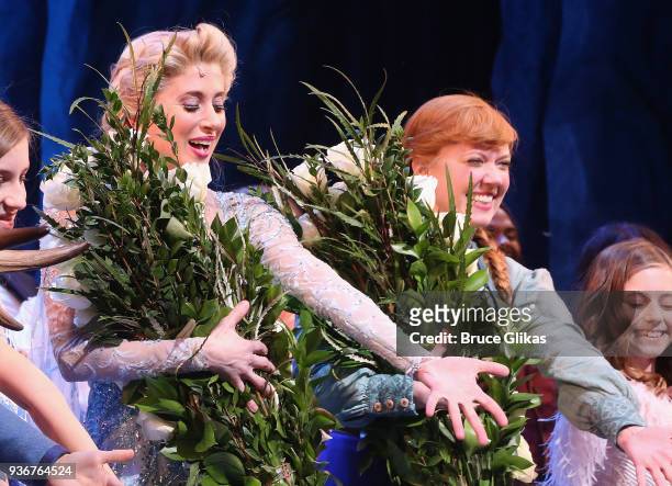 Caissie Levy as "Elsa" and Patti Murin as "Anna" take their opening night curtain call of Disney's new hit musical "Frozen" on Broadway at The St....