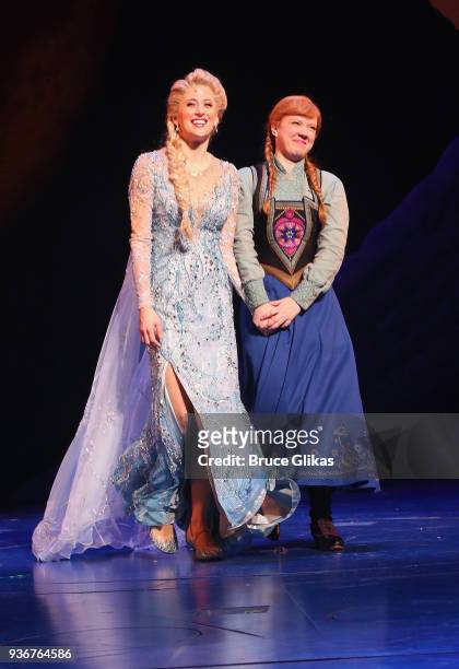 Caissie Levy as "Elsa" and Patti Murin as "Anna" take their opening night curtain call of Disney's new hit musical "Frozen" on Broadway at The St....