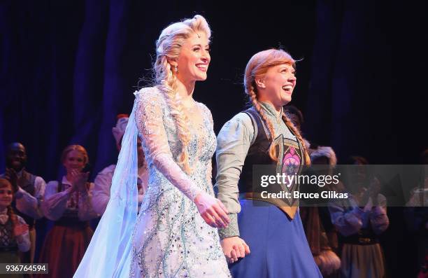 Caissie Levy as "Elsa" and Patti Murin as "Anna" take their opening night curtain call of Disney's new hit musical "Frozen" on Broadway at The St....