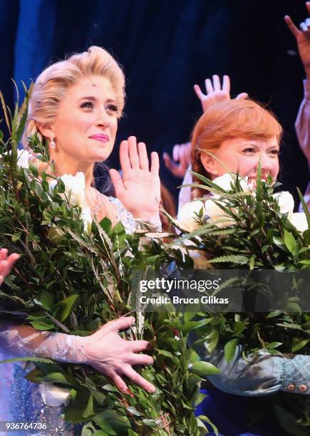 Caissie Levy as "Elsa" and Patti Murin as "Anna" take their opening night curtain call for Disney's new hit musical "Frozen" on Broadway at The St....
