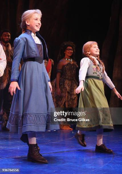 Ayla Schwartz as "Young Elsa" and Mattea Conforti as "Young Anna" and take their opening night curtain call for Disney's new hit musical "Frozen" on...