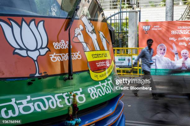 Bus featuring campaign advertisements for the Bharatiya Janata Party is displayed outside the party's office in Bengaluru, Karnataka, India, on...