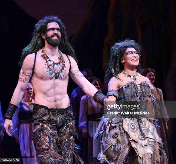 Timothy Hughes and Olivia Phillip during the Broadway Musical Opening Night Curtain Call for 'Frozen' at the St. James Theatre on March 22, 2018 in...