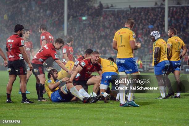 Jack Goodhue of the Crusaders celebrates scoring a try during the round six Super Rugby match between the Crusaders and the Bulls on March 23, 2018...