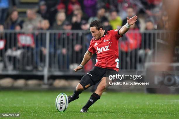 Mitchell Hunt of the Crusaders kicks a conversion during the round six Super Rugby match between the Crusaders and the Bulls on March 23, 2018 in...
