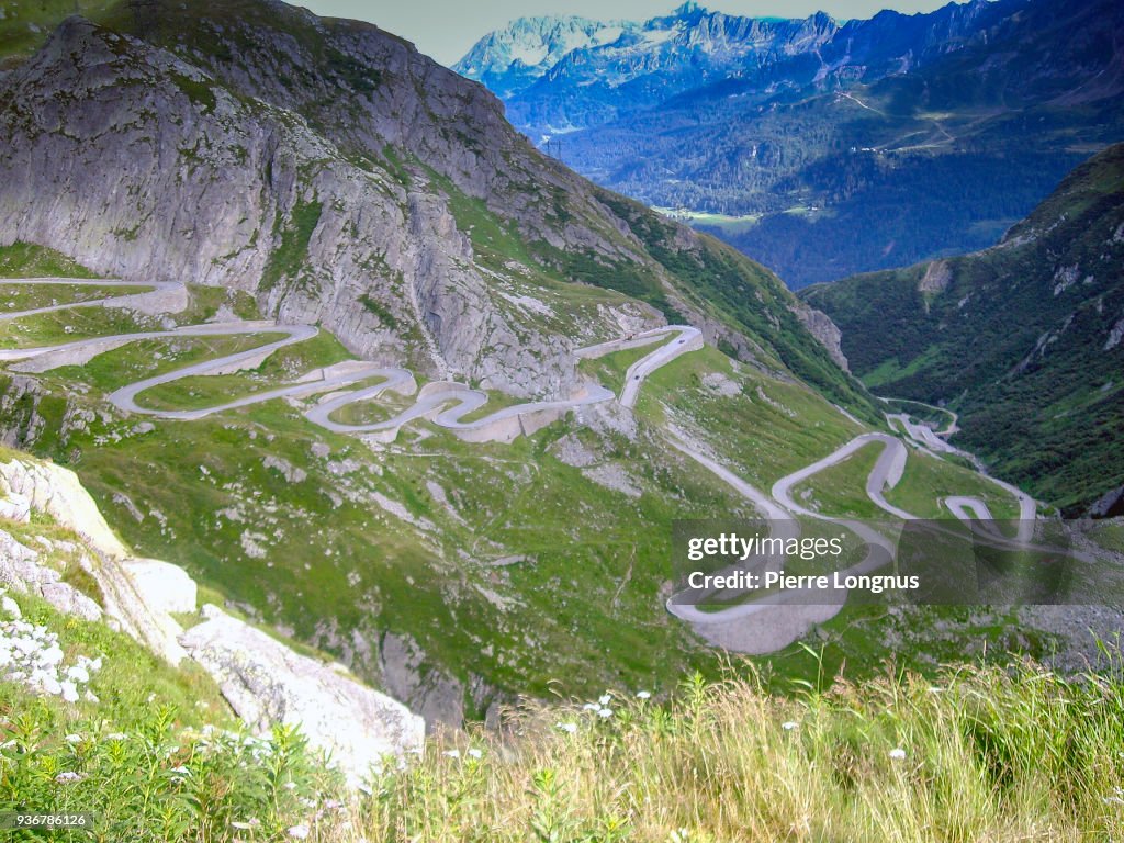 View of the Gotthard Pass road in the canton of Ticino, Switzerland in summer